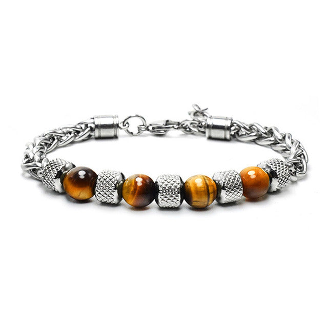 Men's Adjustable Natural Stone Bead Stainless Steel Bracelet