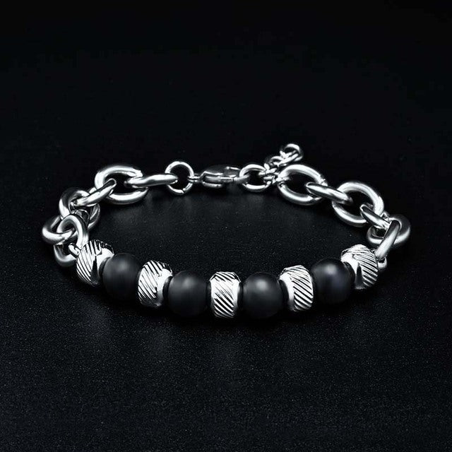 Men's Adjustable Natural Stone Bead Stainless Steel Bracelet