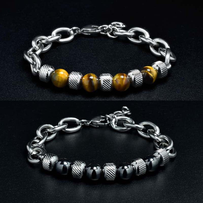 Men's Adjustable Natural Stone Bead Stainless Steel Bracelet