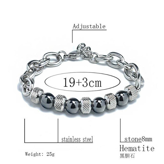 Men's Adjustable Natural Stone Bead Stainless Steel Bracelet