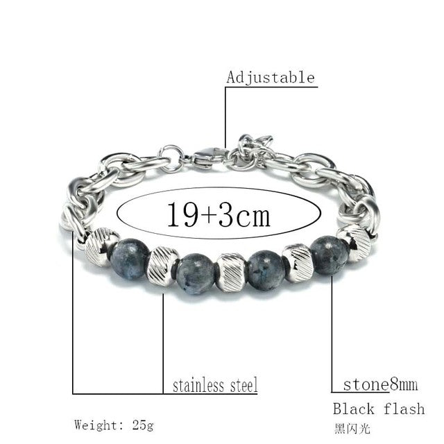 Men's Adjustable Natural Stone Bead Stainless Steel Bracelet