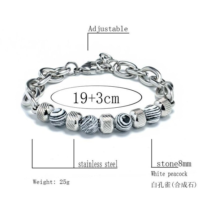 Men's Adjustable Natural Stone Bead Stainless Steel Bracelet