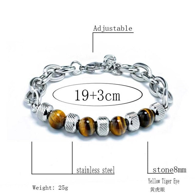 Men's Adjustable Natural Stone Bead Stainless Steel Bracelet